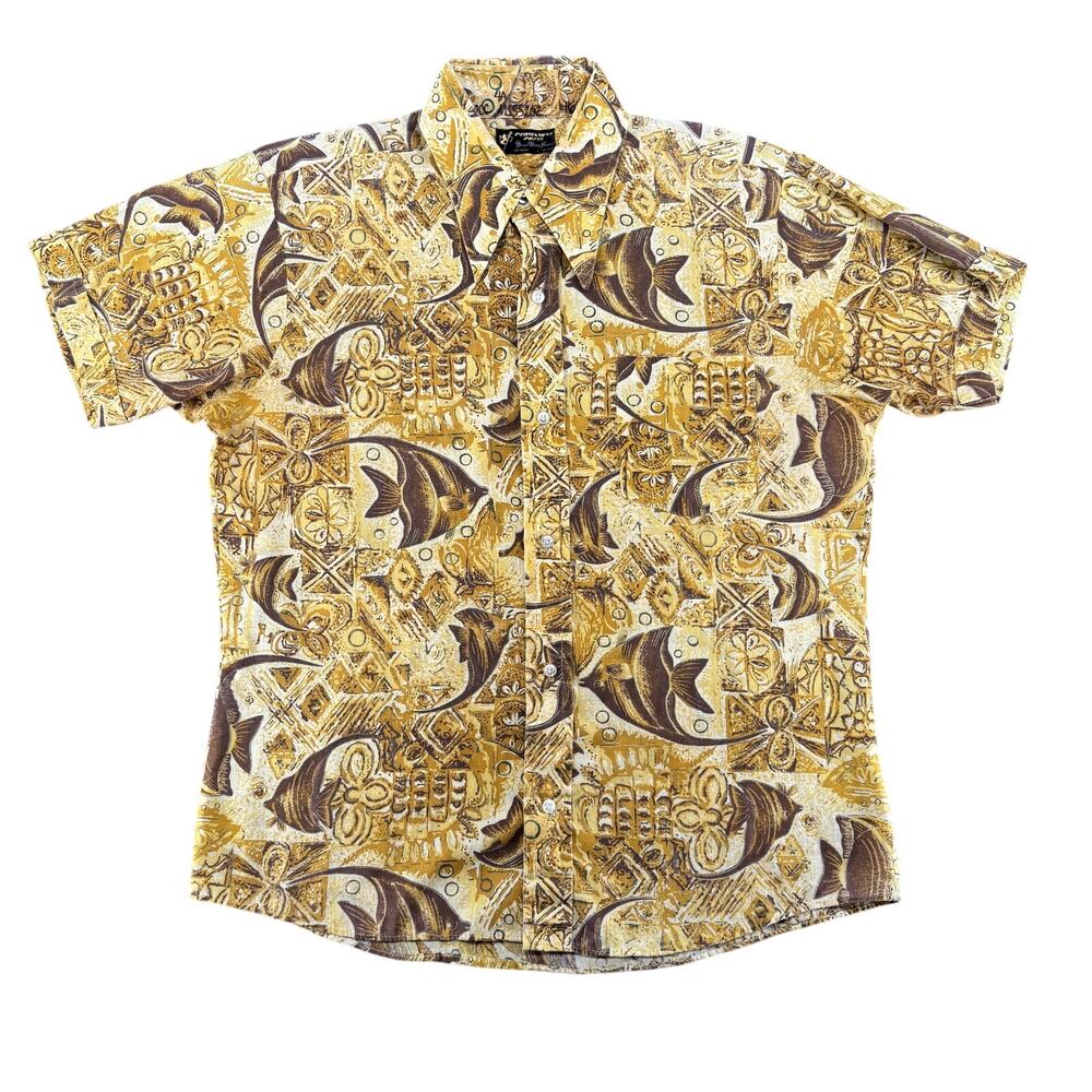 Vintage 1960s Tiki Fish Print Hawaiian Shirt Men's XL Rockabilly